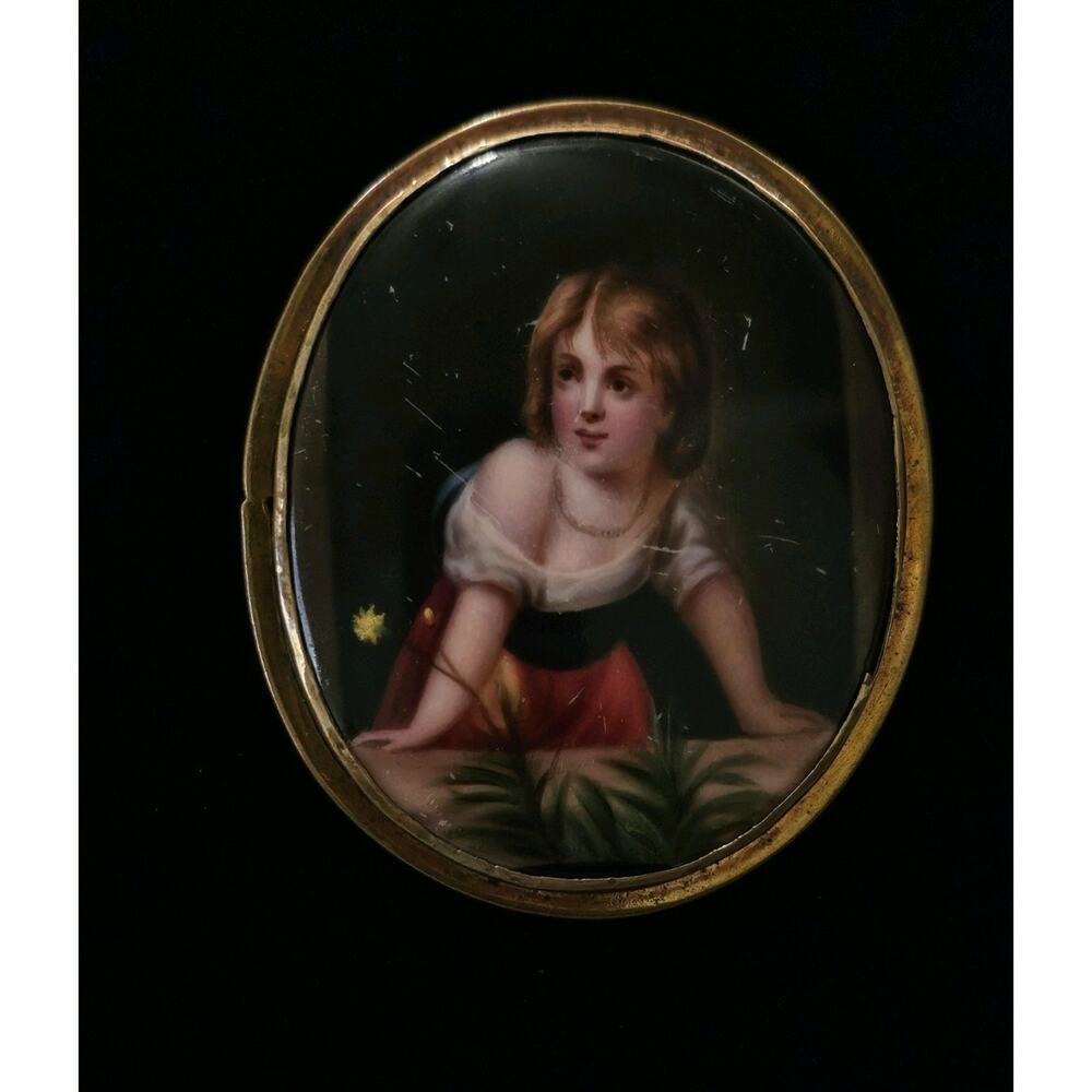 Antique Miniature Hand Painted Porcelain Portrait Pendant Brooch 19th Century
